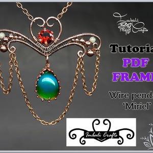 May include: Copper wire pendant with a heart-shaped top, a red gemstone, and a teardrop-shaped blue-green gemstone. The pendant has delicate chain accents and the text "Tutorial PDF FRAME Wire pendant 'Miriel'" is visible.