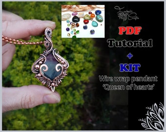 Kit + PDF Tutorial - 'Queen of hearts' pendant - wire weaving pattern - DIY jewellery