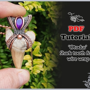 以下が含まれることがあります： 銅線で巻かれたサメの歯の化石のクローズアップ。上部に紫色の宝石が付いています。歯は手で持たれています。画像には「PDFチュートリアル 'Otodus' サメの歯の化石ワイヤーラップ」というテキストがあります。