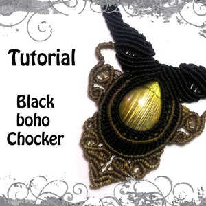 TUTORIAL - Black boho macrame necklace - Labradorite baroque choker - natural gemstone necklace
