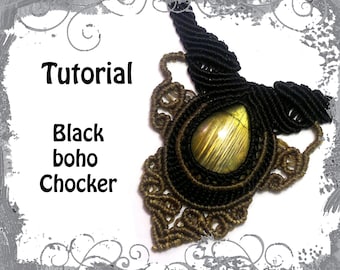 TUTORIAL - Collar boho macramé negro - Gargantilla barroca labradorita - collar de piedras preciosas naturales