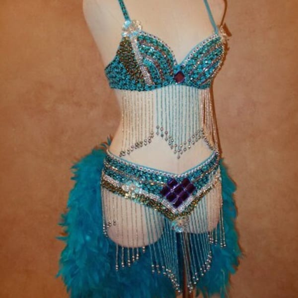 Carnival Circus Showgirl Costume Beaded Rhinestones Sequins Samba Feather Dress