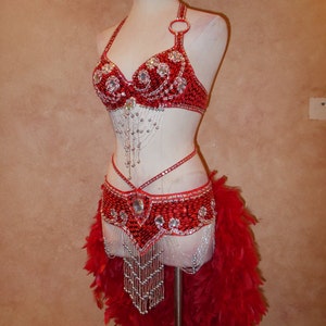 Rhinestone Jeweled Carnival Costume Mardi Gras Flapper Feather Bustle Set