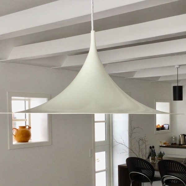 Large 60 cm / 23 1/2”  Semi lamp / Trompet hanging lamp in white designed by Claus Bonderup og Torsten Thorup. Modern Danish design.