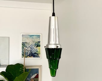 1970's Istap (Icicle) hanging pendant by Fog and Morup, in sculpted green glass with brushed aluminium top.