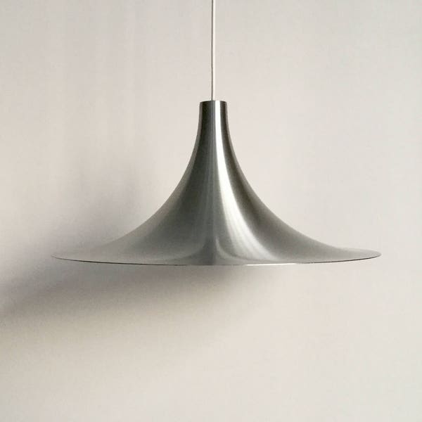 Brushed aluminium 70's Danish Trompet hanging lamp designed by E S Horn. Excellent condition!