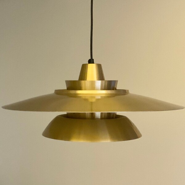 Large vintage Danish brass pendant with multiple shades. Classic Scandinavian style lighting.