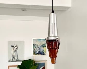 1970's Istap (Icicle) hanging pendant by Fog and Morup, in sculpted amber glass with brushed aluminium top.