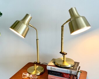 Pair of Danish vintage DANSA LAMP desk/table lamps, adjustable height, brushed brass finish.