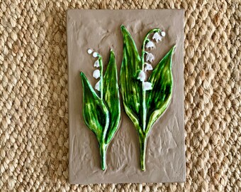 1960’s ceramic pottery plaque / wall tile with lily of the valley, by Gie design, Sweden.