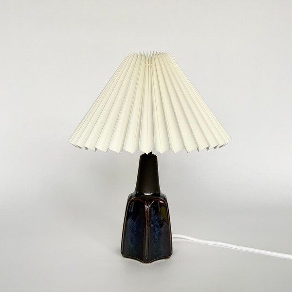 Søholm, Denmark handmade, glazed stoneware / pottery table lamp in shades of blue, with white linen, pleated lampshade.