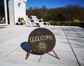 Antique French iron galette pancake pan disque with stand holder. Menu board. Welcome sign. Announcement.