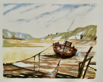 May include: An abstract watercolor print of a beached boat on a sandy shore. The artwork features a brown boat, green and tan hills, and a cloudy sky. The print has a vintage aesthetic and is signed.