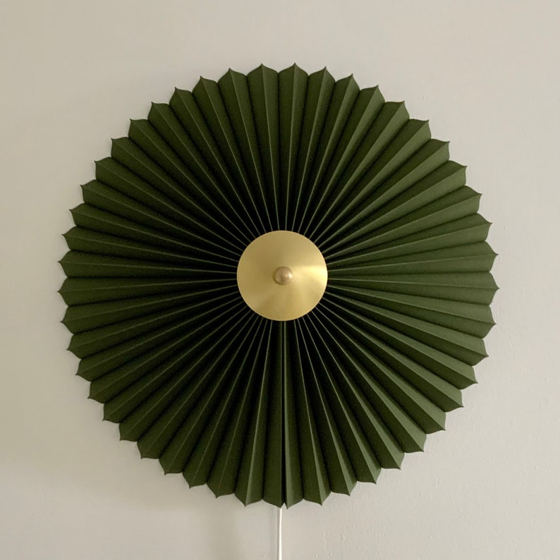 240V E14 Danish designed rosette wall light, choice of shade fabric and size/diameter. Solid brass centre finial. Olive cotton