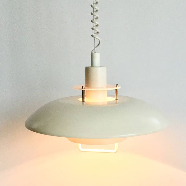 Off white vintage Danish "rise and fall" pendant lamp / hanging light. Made by Alux, Denmark.
