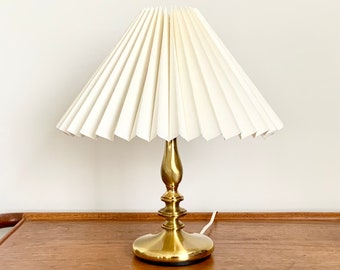 Danish vintage brass table lamp with antique white linen, pleated lampshade. Danish lighting.