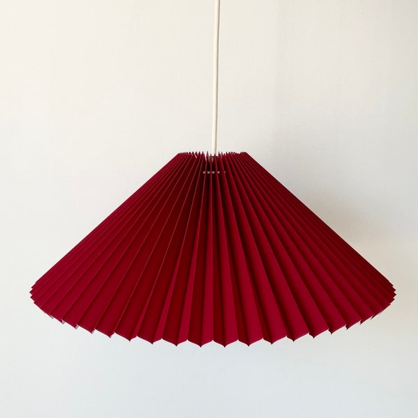 Hanging shade: Cardinal red linen, MEDIUM EASTERN style pleated pendant / shade, available in several sizes. Danish design.