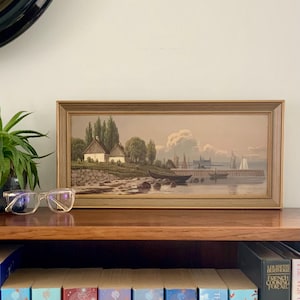 Pintura al óleo antigua del castillo de Kronborg: paisaje costero danés, marco dorado