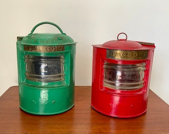 Pair of old Danish ship’s lanterns / lamps in red and green. Designed for starboard and port. Fully wired.