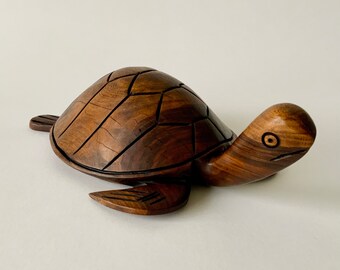 Mid-century solid rosewood turtle sculpture. Wood carved art.