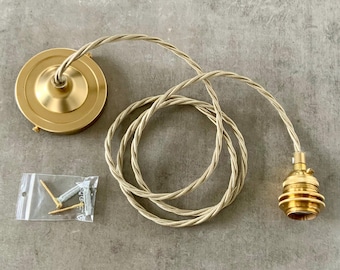 Raw Brass Ceiling Pendant Kit: Pale Gold Twisted Cord, 120V