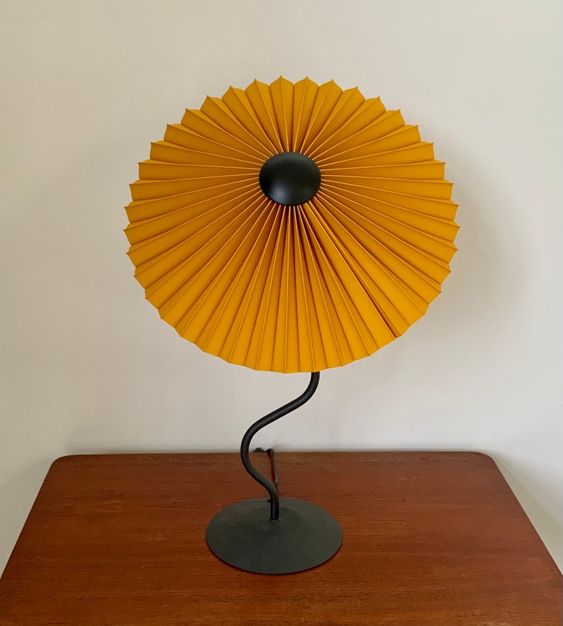 Clip on shade: Tilting Eclipse, pleated lampshade in ochre linen, with choice of finial colour. For table lamps, floor lamps or wall lights. image 3