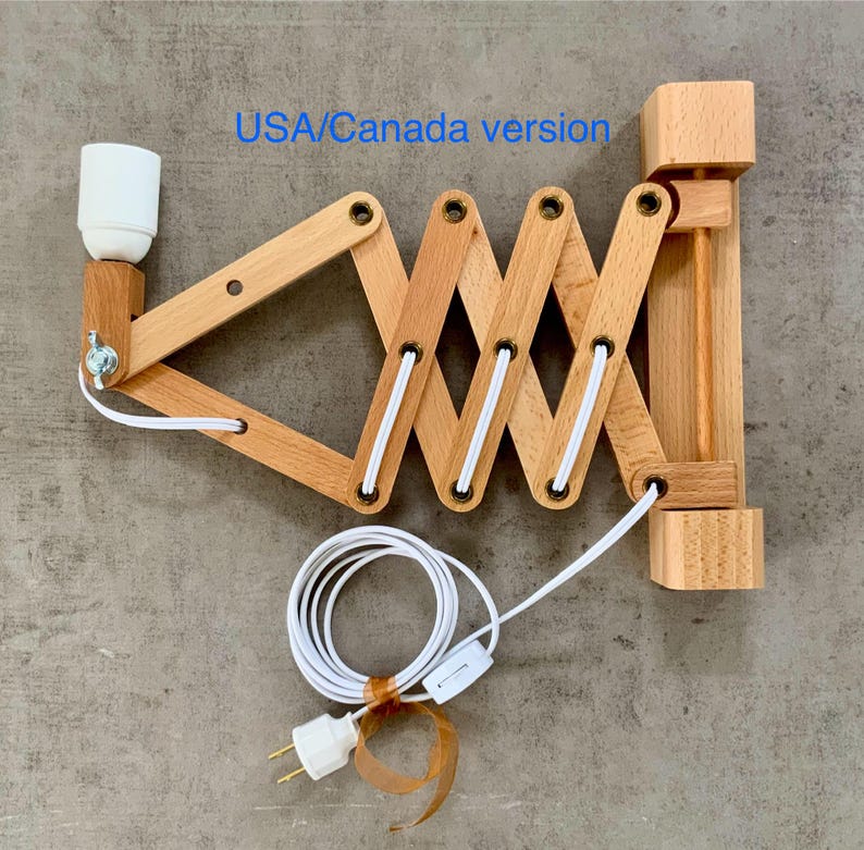 Lámpara de pared tipo tijera de madera de haya de diseño danés: estilo moderno de mediados de siglo. imagen 7