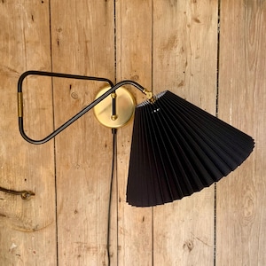 Mid-Century Danish Brass Swing Arm Lamp: Black Pleated Shade