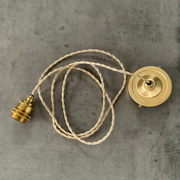 E27 base ceiling pendant kit, in solid brass or burnished brass, with 10cm diameter solid brass canopy. Choice of cord.