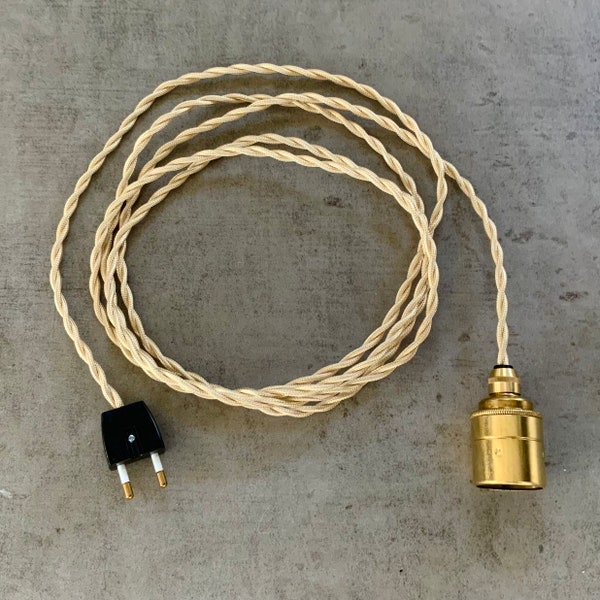 Kit cordon de suspension culot E27 enfichable, en laiton massif ou laiton bruni, avec serre-câbles muraux et plafonniers.