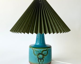 Søholm, Denmark handmade, glazed stoneware / pottery table lamp in shades of aqua blue and green, with olive green linen pleated lampshade.