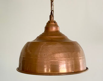 Danish mid-century solid copper pendant with chain and copper canopy. Danish period lighting.