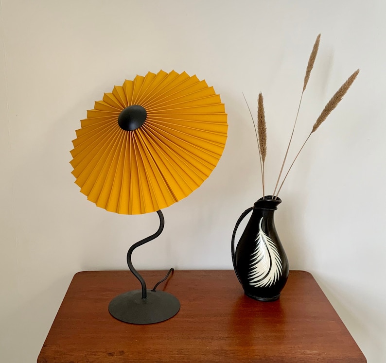 Clip on shade: Tilting Eclipse, pleated lampshade in ochre linen, with choice of finial colour. For table lamps, floor lamps or wall lights. image 1