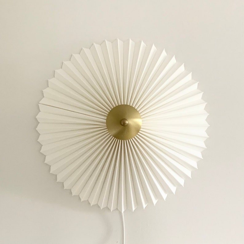 240V E14 Danish designed rosette wall light, choice of shade fabric and size/diameter. Solid brass centre finial. Ivory linen