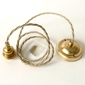 Raw Brass Grounded E26 Ceiling Pendant Kit: Pale Gold Twisted Cord, 120V