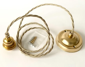 Raw Brass Grounded E26 Ceiling Pendant Kit: Pale Gold Twisted Cord, 120V