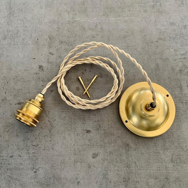 E27 base ceiling pendant kit, with 11.5cm diameter solid brass or solid burnished brass canopy. Choice of cord type and length.