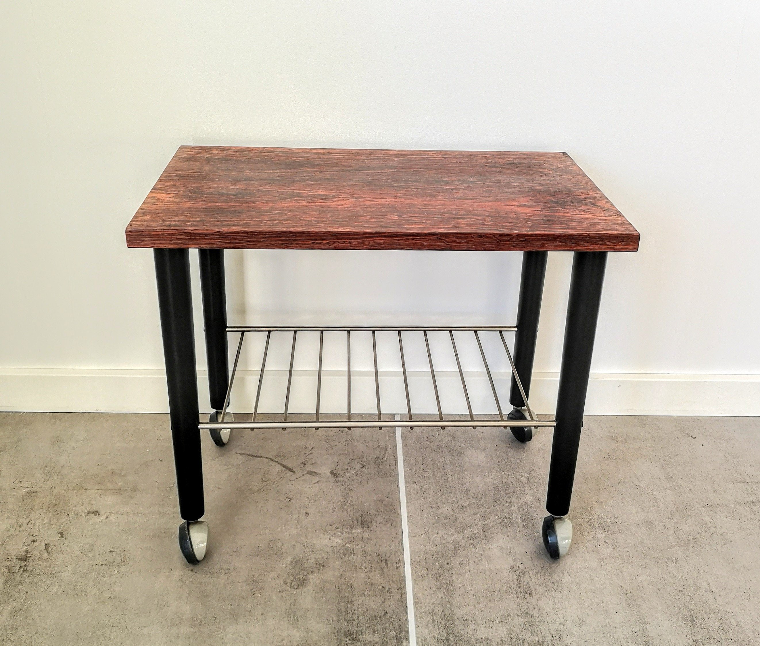 Danish Rosewood Trolley Side Table On Wheels With Black Etsy