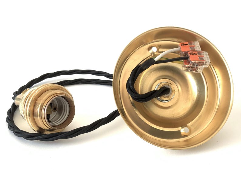 Puede incluir: Una l&aacute;mpara colgante de color lat&oacute;n con un cable trenzado negro. El accesorio incluye un portal&aacute;mparas y una roseta de techo con conectores de cableado. Los componentes est&aacute;n sobre un fondo blanco.