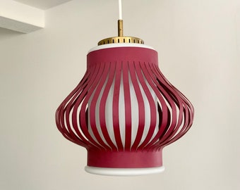 Vintage Danish opaque glass pendant set in a plum coloured frame and with original brass fittings.