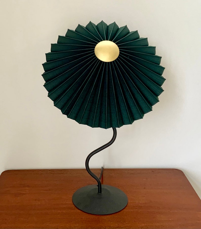 Clip on shade: Tilting Eclipse pleated lampshade in jungle green, with choice of finial. For table lamps, floor lamps or wall lights. image 2