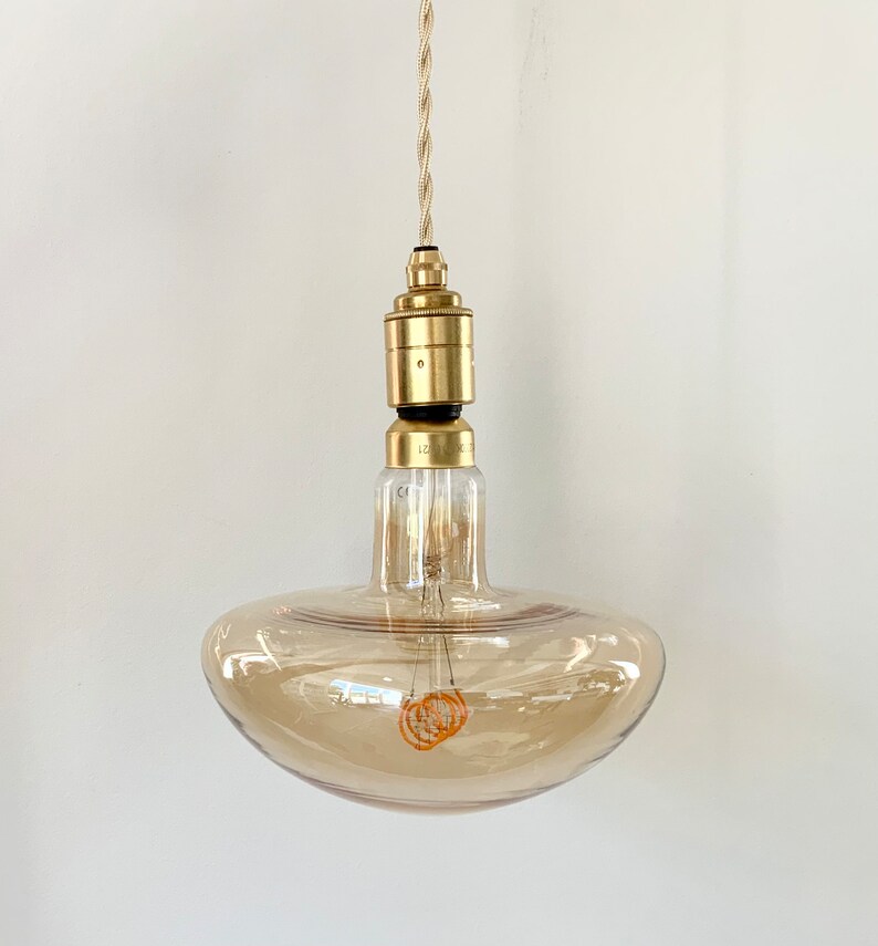 220-250V Plug in E27 base pendant kit, in solid brass, with wall and ceiling clamps, and large Italian designed mushroom gold LED bulb image 9