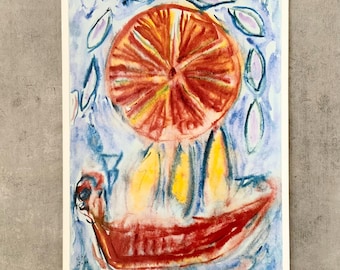 Póster vintage de Carl Henning Pedersen «Barco solar en Egipto». Arte mural danés abstracto.