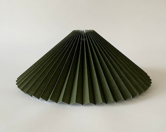 Clip on shade: Olive green cotton, pleated lampshade, available in two styles, for table lamps/wall lights. Danish design.