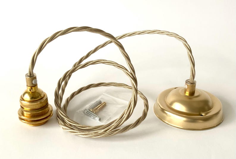 Raw Brass Grounded E26 Ceiling Pendant Kit: Pale Gold Twisted Cord, 120V image 5