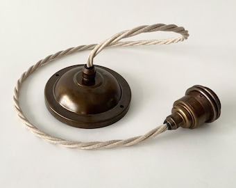 Burnished Brass E27 Pendant Light Kit, Linen Natural Twisted Cord