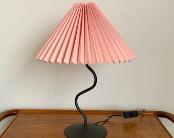 Danish squiggle lamp by Horn, Denmark with champagne pink linen, pleated lampshade.