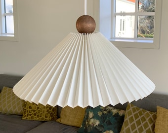 Large beech ball pleated pendant kit, with 10cm diam. white metal ceiling canopy. Choice of linen or cotton pleated shade, and pendant size.