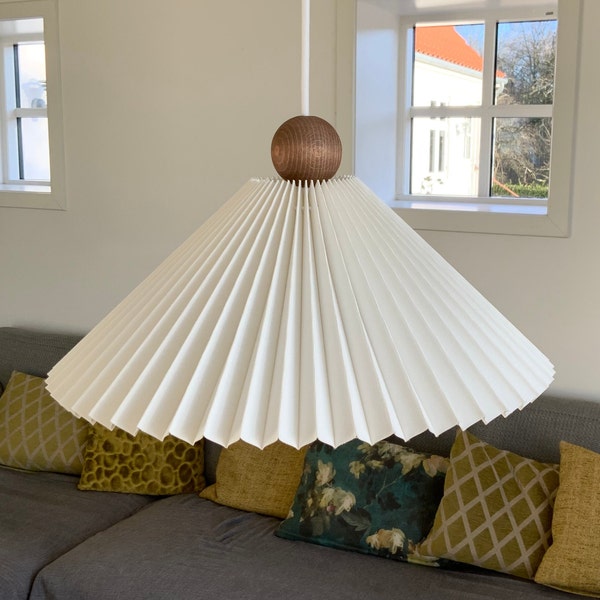 Large beech ball pleated pendant kit, with 10cm diam. white metal ceiling canopy. Choice of linen or cotton pleated shade, and pendant size.