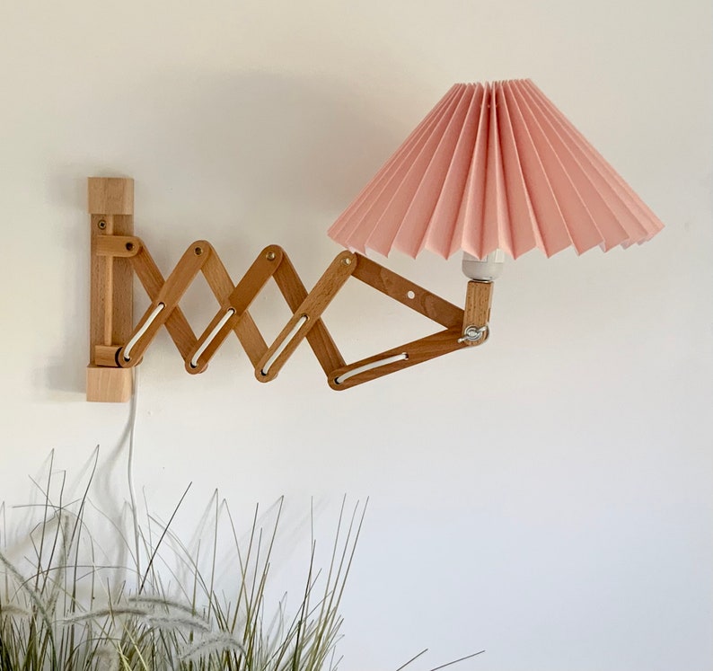 Danish designed beech wood accordion wall lamp with a new, Lekrazyhorse, pleated upper lampshade. Scandinavian retro interiors Champ pink linen mix